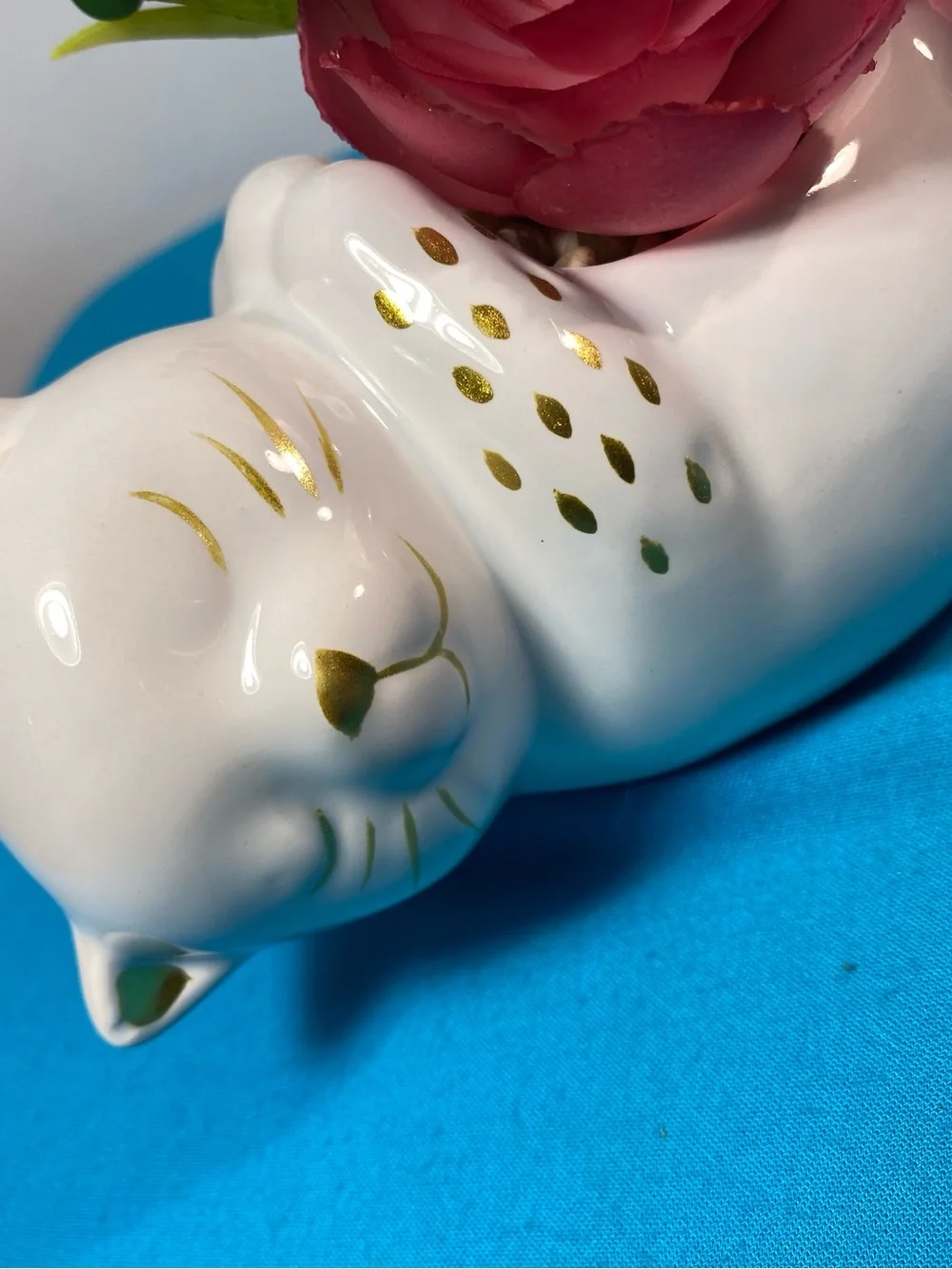 Ceramic White Cat Planter with faux plants